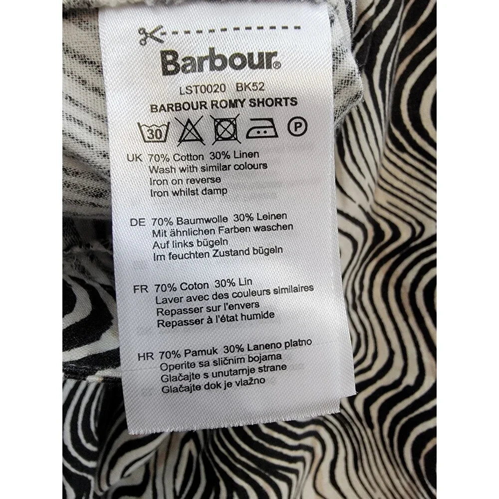 Barbour Romy Linen Blend Shorts Women's 14 Monochrome Zip Fly Hook & Bar Closure